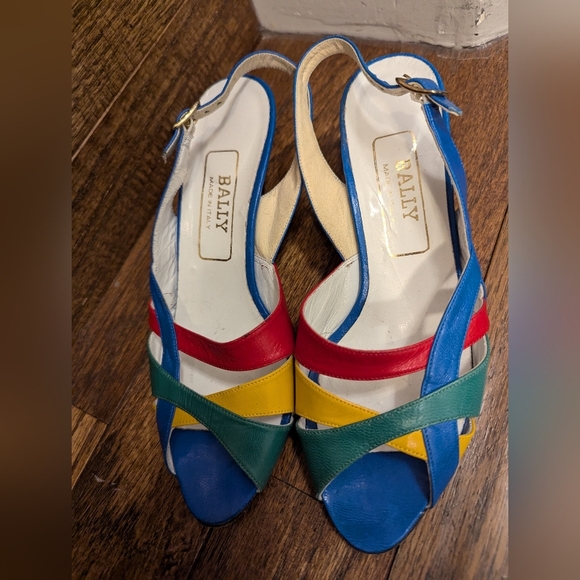 Vintage 80s color block leather, peep toe, sling back, low heel pumps. Sz 5 1/2 - Picture 10 of 15